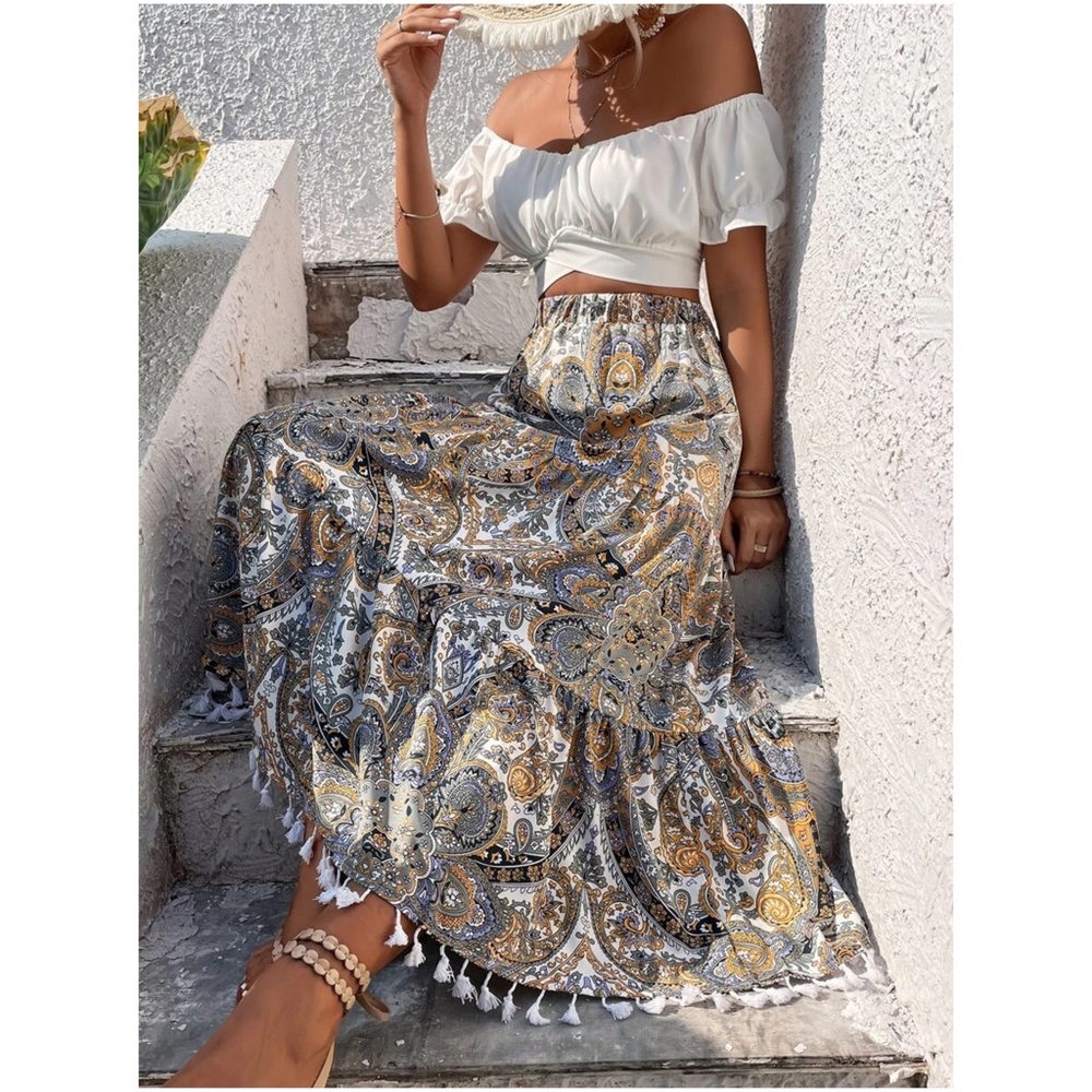 Paisley Print Tassel Hem Maxi Skirt - Picture 7 of 10